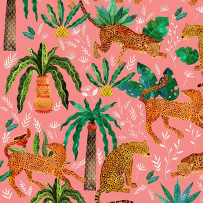 Jungle. Leopard on a pink background