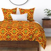 Orange and Green Cathedral Window Cheater Quilt with Medallion Centers