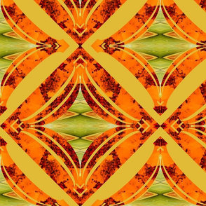 Orange and Green Cathedral Window Cheater Quilt with Medallion Centers