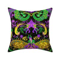 Mardi Gras Dragon Damask - Dragons, Snakes, Butterfly   Fairy in Mardi Gras Colors of Purple, Green, Yellow-  Gold -- 43.35in x 36.06in repeat -- 235dpi (63% of   Full Scale) 