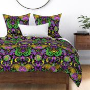 Mardi Gras Dragon Damask - Dragons, Snakes, Butterfly   Fairy in Mardi Gras Colors of Purple, Green, Yellow-  Gold -- 43.35in x 36.06in repeat -- 235dpi (63% of   Full Scale) 