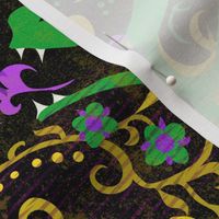 Mardi Gras Dragon Damask - Dragons, Snakes, Butterfly   Fairy in Mardi Gras Colors of Purple, Green, Yellow-  Gold -- 43.35in x 36.06in repeat -- 235dpi (63% of   Full Scale) 