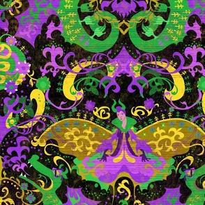 Mardi Gras Dragon Damask - Dragons, Snakes, Butterfly   Fairy in Mardi Gras Colors of Purple, Green, Yellow-  Gold -- 43.35in x 36.06in repeat -- 235dpi (63% of   Full Scale) 