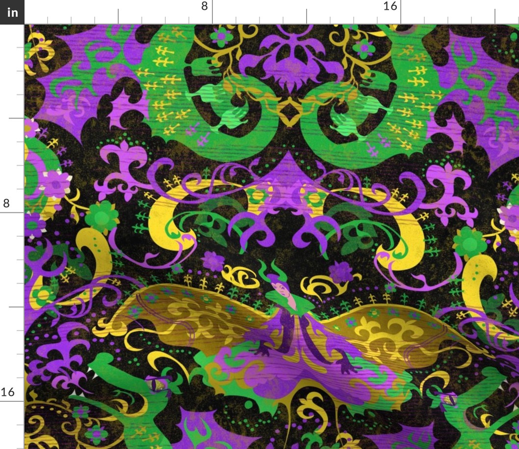 Mardi Gras Dragon Damask - Dragons, Snakes, Butterfly   Fairy in Mardi Gras Colors of Purple, Green, Yellow-  Gold -- 43.35in x 36.06in repeat -- 235dpi (63% of   Full Scale) 