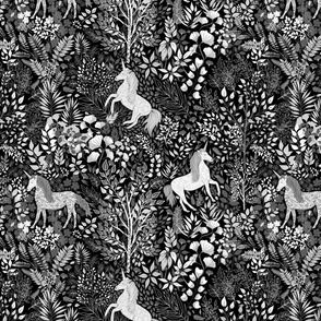 Unicorns in the Woods of Wonderment(black and white) 