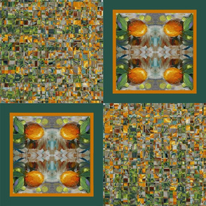 Oranges and Grapes Four Square Cheater Quilt in Brown, Orange and Green