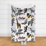 Large jumbo scale // Safari geo animal // non directional design white background mustard yellow sage green pastel blue blush pink and grey safari animals shadows