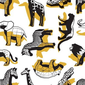 Small scale // Safari geo animal // non directional design white background mustard yellow safari animals shadows