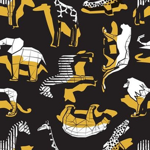 Small scale // Safari geo animal // non directional design black background mustard yellow safari animals shadows