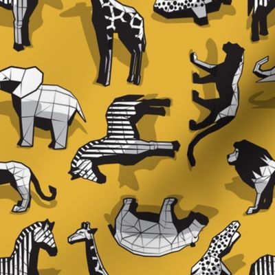 Small scale // Safari geo animal // non directional design yellow mustard background black and white safari animals