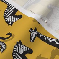 Small scale // Safari geo animal // non directional design yellow mustard background black and white safari animals