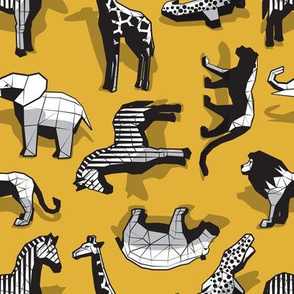 Small scale // Safari geo animal // non directional design yellow mustard background black and white safari animals
