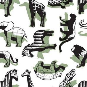 Small scale // Safari geo animal // non directional design white background sage green safari animals shadows