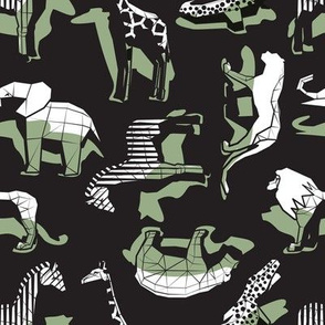 Small scale // Safari geo animal // non directional design black background sage green safari animals shadows
