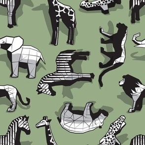 Small scale // Safari geo animal // non directional design sage green background black and white safari animals