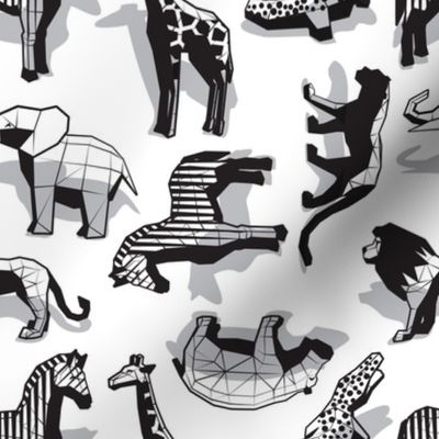 Small scale // Safari geo animal // non directional design white background grey safari animals shadows