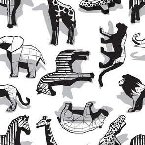 Small scale // Safari geo animal // non directional design white background grey safari animals shadows