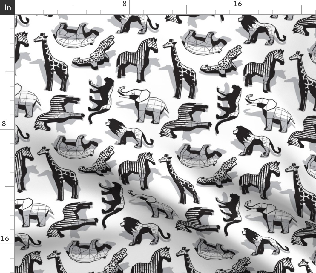 Small scale // Safari geo animal // non directional design white background grey safari animals shadows