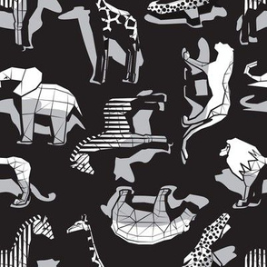 Small scale // Safari geo animal // non directional design black background grey safari animals shadows