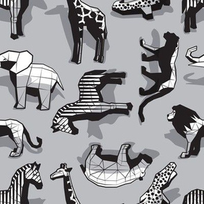 Small scale // Safari geo animal // non directional design grey background black and white safari animals