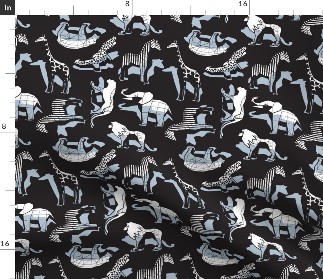 Small scale // Safari geo animal // non directional design black background pastel blue safari animals shadows