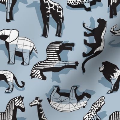 Small scale // Safari geo animal // non directional design pastel blue background black and white safari animals
