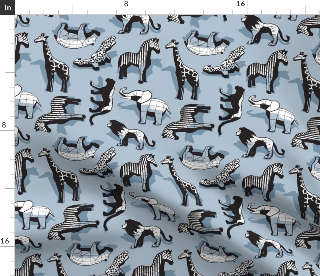 Small scale // Safari geo animal // non directional design pastel blue background black and white safari animals