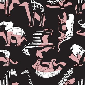 Small scale // Safari geo animal // non directional design black background blush pink safari animals shadows