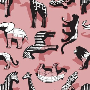 Small scale // Safari geo animal // non directional design blush pink background black and white safari animals