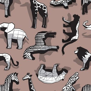 Small scale // Safari geo animal // non directional design taupe brown background black and white safari animals