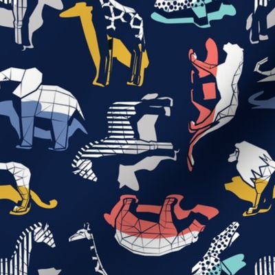 Small scale // Safari geo animal // non directional design navy blue background multicoloured safari animals shadows