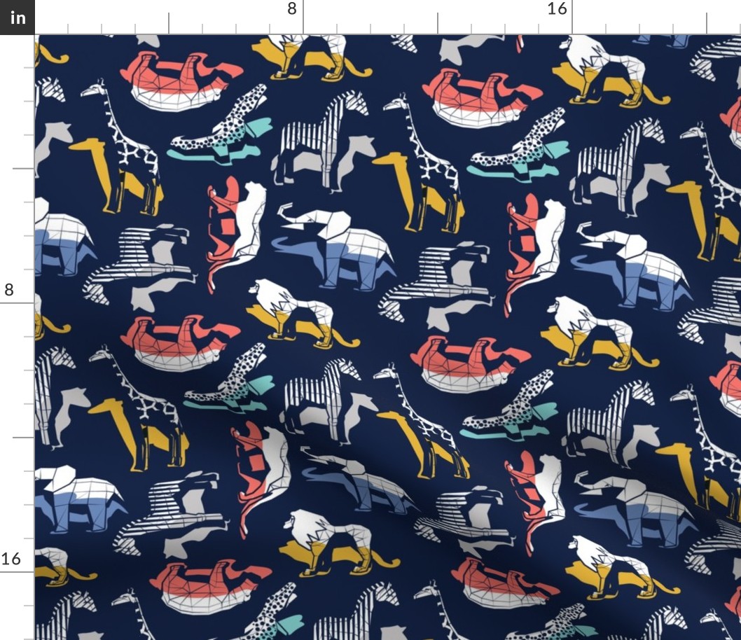 Small scale // Safari geo animal // non directional design navy blue background multicoloured safari animals shadows