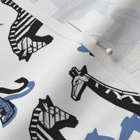 Small scale // Safari geo animal // non directional design white background blue safari animals shadows