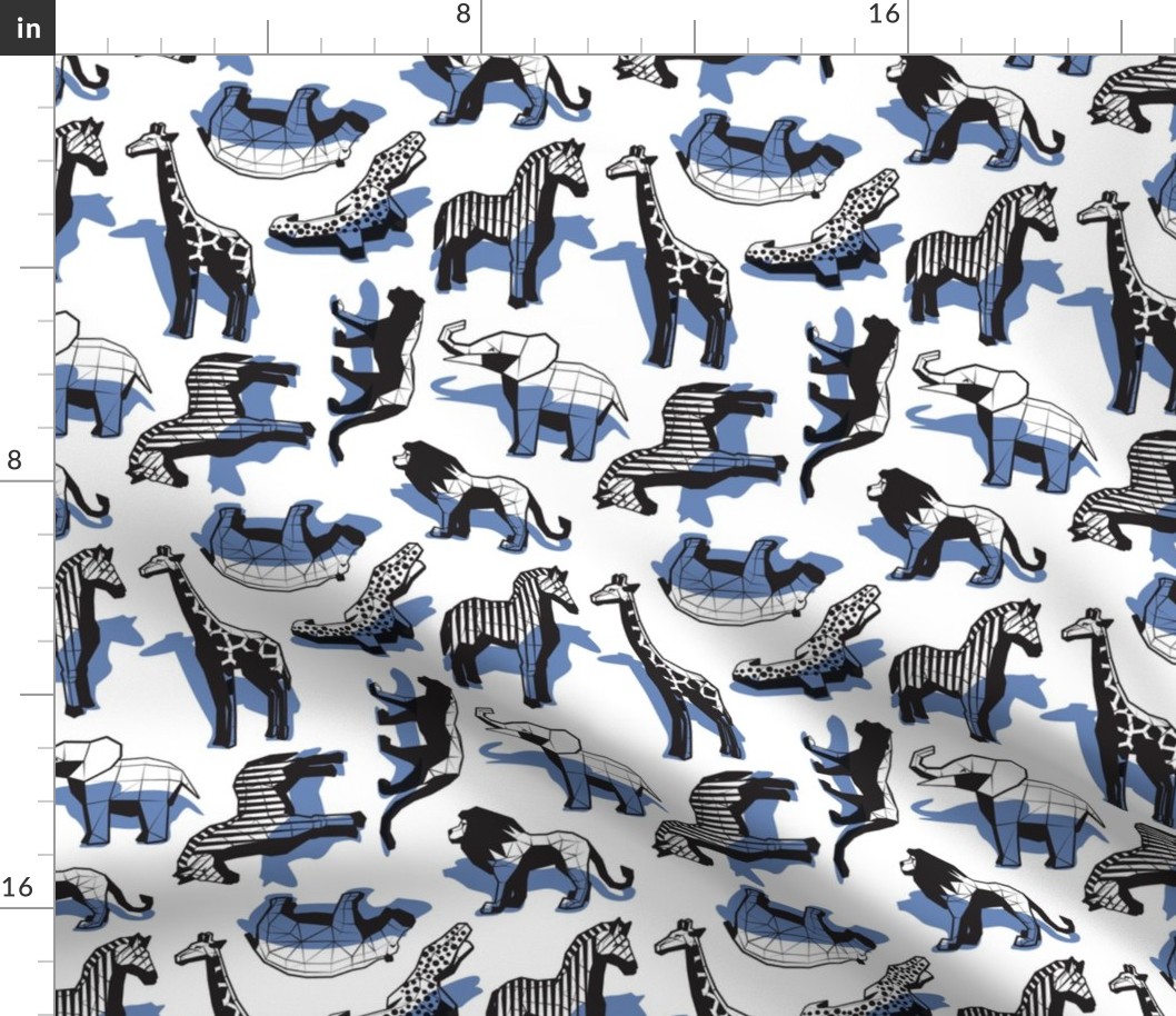 Small scale // Safari geo animal // non directional design white background blue safari animals shadows