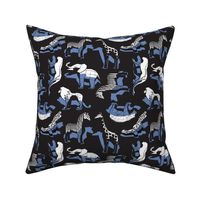 Small scale // Safari geo animal // non directional design black background blue safari animals shadows