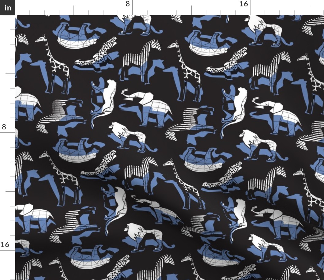 Small scale // Safari geo animal // non directional design black background blue safari animals shadows