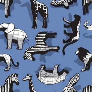 Small scale // Safari geo animal // non directional design blue background black and white safari animals