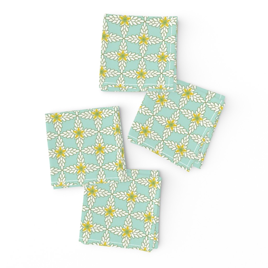 Floral Lattice in Teal, Yellow, White