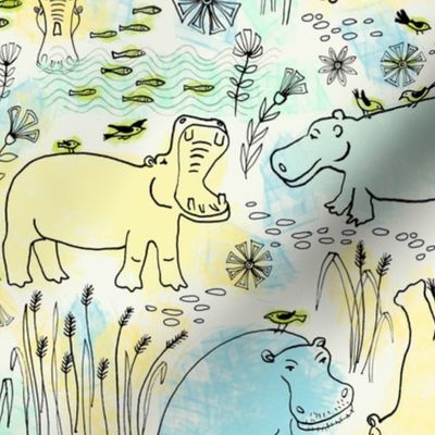 hippo safari ink and pen / large scale / pastel green, blue and yellow