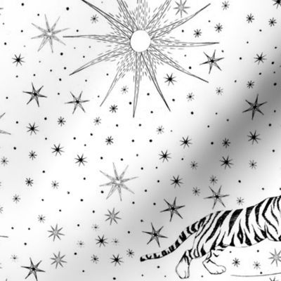 Star Safari hand drawn with big cats tiger, lion, and cheetah in jungle sun and moon night sky, gender neutral baby nursery wallpaper, kids home decor, black and white wallpaper, unisex nursery,  kids home decor,  home decor,