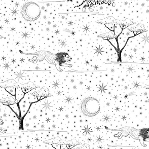 Star Safari hand drawn with big cats tiger, lion, and cheetah in jungle sun and moon night sky, gender neutral baby nursery wallpaper, kids home decor, black and white wallpaper, unisex nursery,  kids home decor,  home decor,