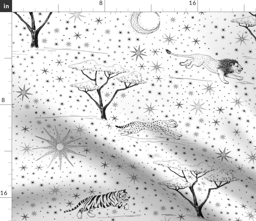 Star Safari hand drawn with big cats tiger, lion, and cheetah in jungle sun and moon night sky, gender neutral baby nursery wallpaper, kids home decor, black and white wallpaper, unisex nursery,  kids home decor,  home decor,