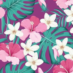 Tropical leaves with hibiscus purple background