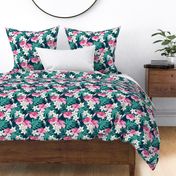 Tropical leaves with hibiscus - navy