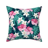 Tropical leaves with hibiscus - navy