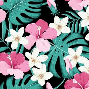 Tropical leaves with hibiscus - black
