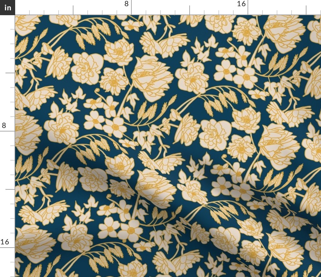 Large Scale Floral in Indigo, Yellow