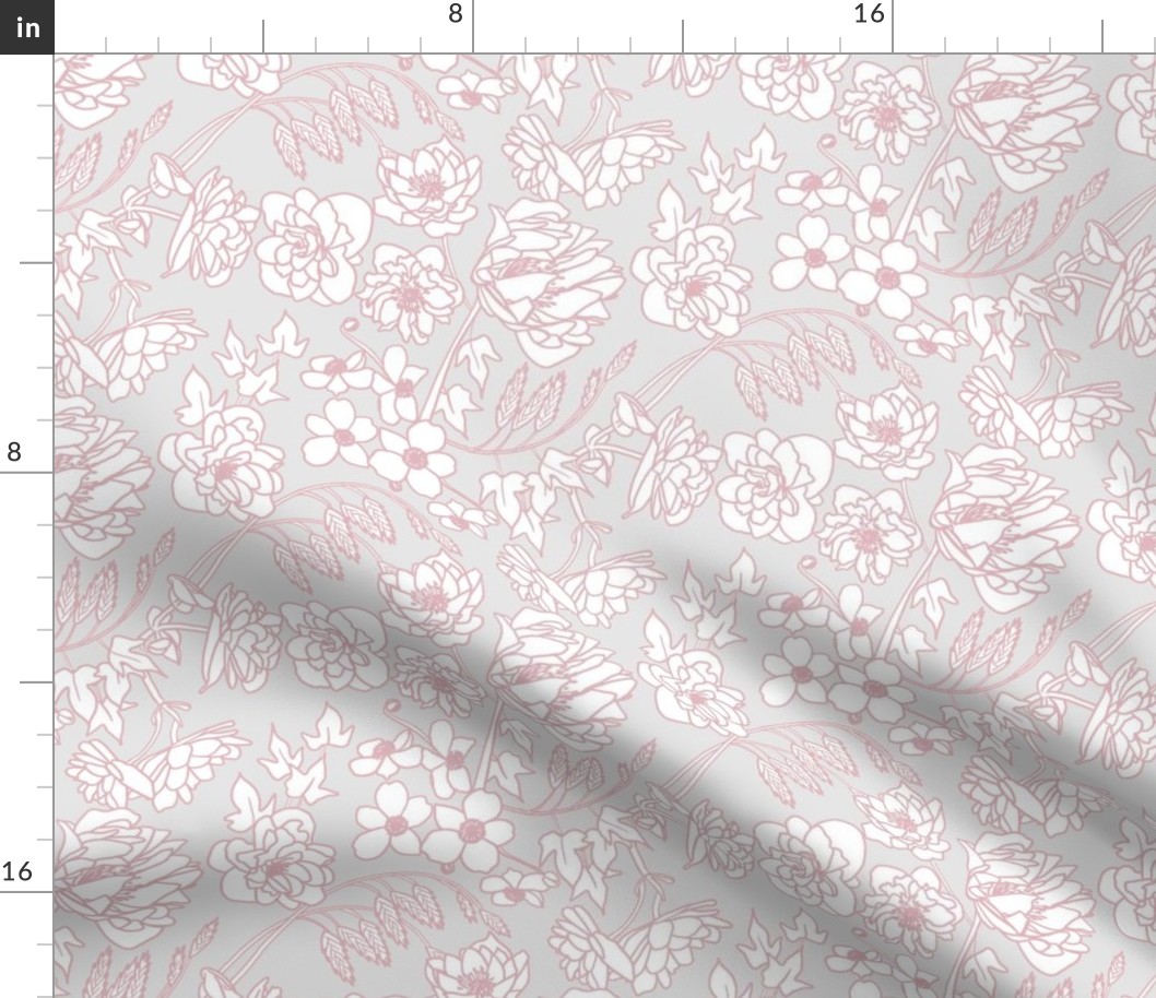 Floral Line Art in Gray, Pink