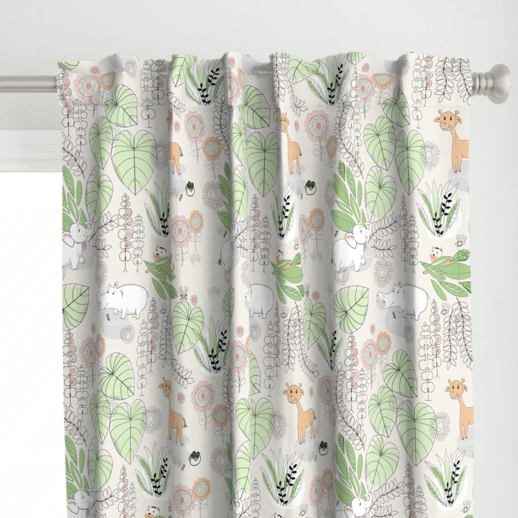 Safari BABY ANIMAL WallPAPER LINE ARTWORK GREEN AND PEACH-01