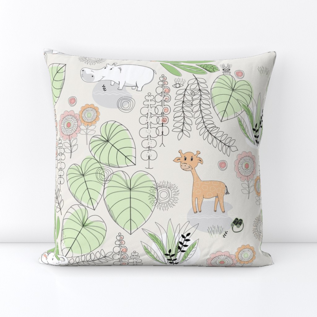 Safari BABY ANIMAL WallPAPER LINE ARTWORK GREEN AND PEACH-01